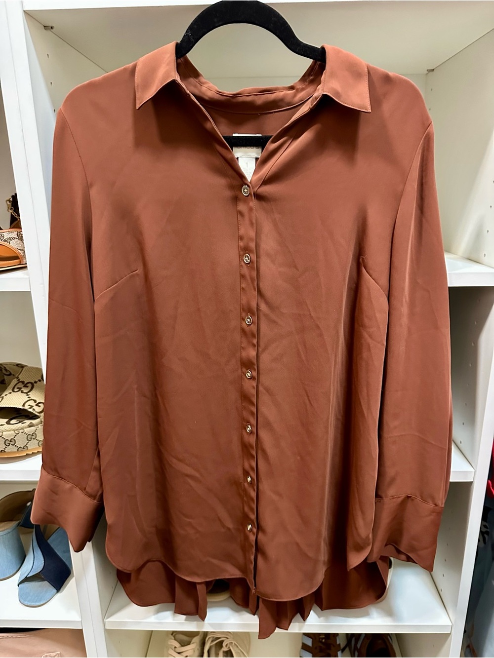 Chico’s Chocolate brown button up blouse with back pleat detail size 1